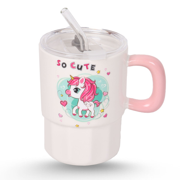 Tasse Cylindrique Blanc Avec Paille - Unicorn