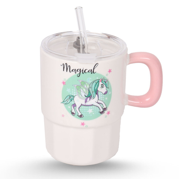Tasse Cylindrique Blanc Avec Paille - Unicorn