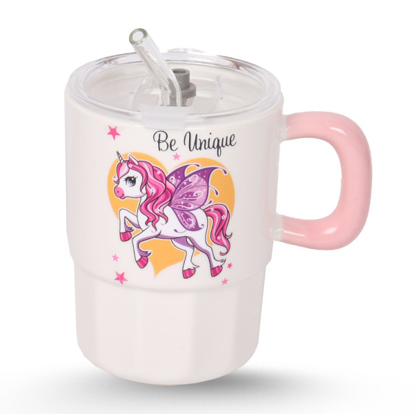 Tasse Cylindrique Blanc Avec Paille - Unicorn