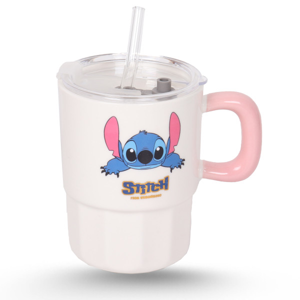 Tasse Cylindrique Blanc Avec Paille - Stitch