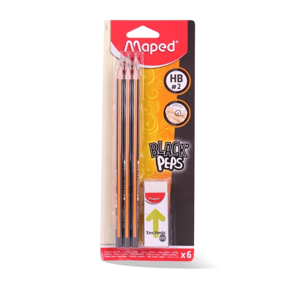 BLISTER DE 6 CRAYON NOIR + GOMME MAPED
